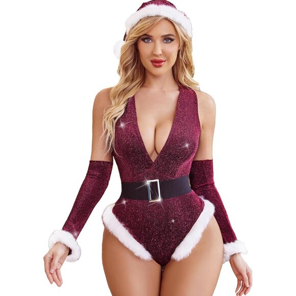Women's Sexy Christmas Lingerie Red Bodysuit Deep V Teddy with Hat and Gloves - Picture 1 of 6